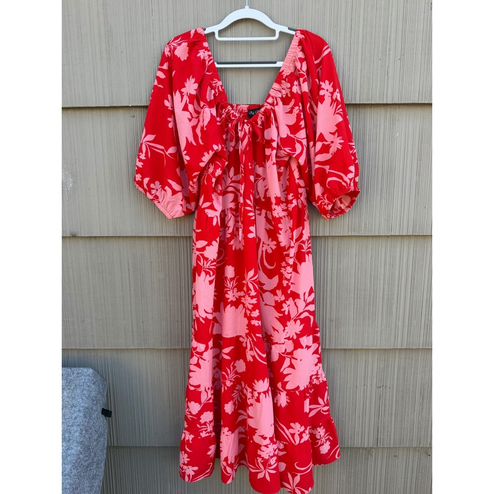 City Chic Red Pink Floral Smocked Tiered Midi Dress Plus Size 18 Balloon Sleeves